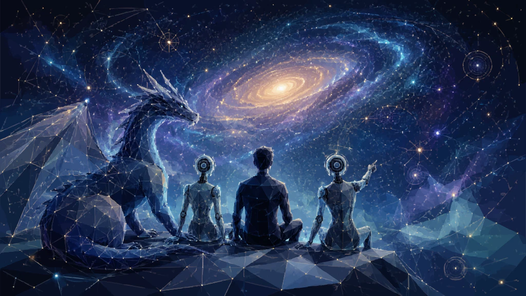A geometric dragon, a human, and two robots looking together toward a luminous galaxy.