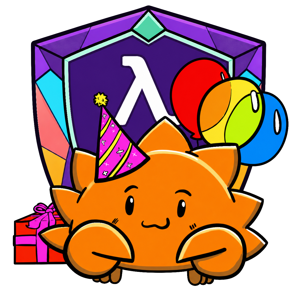 A cheerful orange crab in front of a colorful geometric shield marked with lambda